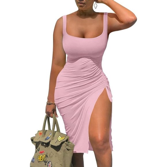 Women's Pink Summer Sexy Sleeveless Side Split Bodycon Ruched Midi Tank Dress - Picture 1 of 7